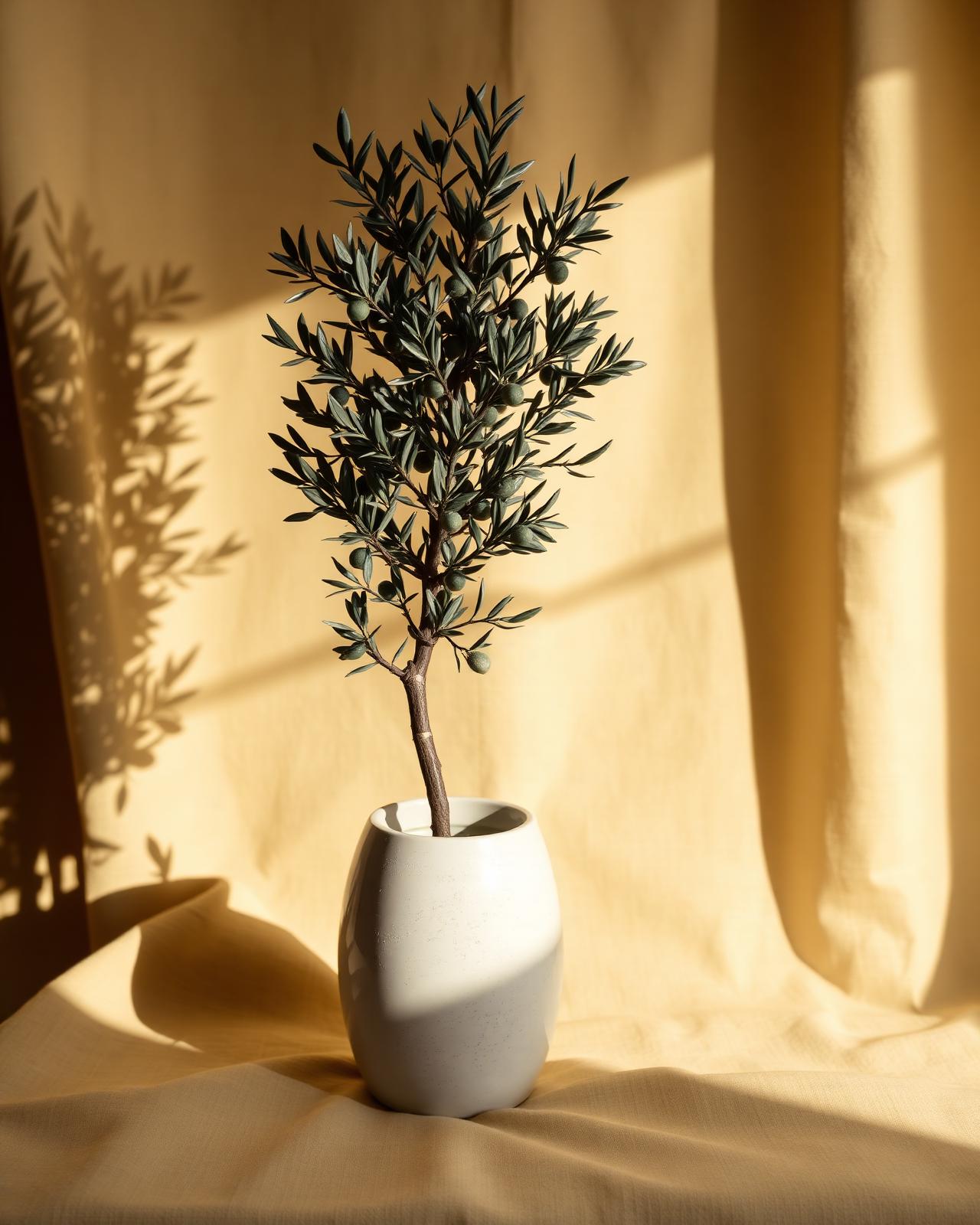 Faux olive tree in a chalk stoneware pot, lit by warm side-lighting on a bone linen backdrop